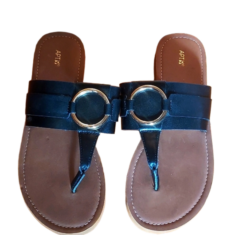 Apt 9 saddles black faux leather with silver ring detail.